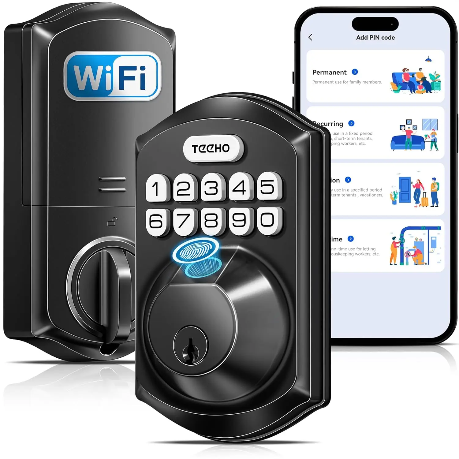 12W WiFi Smart Lock, Fingerprint Door Lock with Built-in Wi-Fi, Keyless Entry Keypad Smart Deadbolt, App Remote Control, Alexa Compatible, IP55 Waterproof for Front Door – Matte Black
