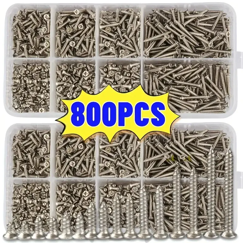 800Pcs Self-Tapping Wood Screws Set, Self Tapped Screws, M2 Cross Flat Head for Metal Sheet, Self-Tapping Screws Set with Lock Nuts, HighHardness Carbon Steel Fasteners, Corrosion-Resistant HeavyDuty Screw Assortment for Woodworking, Various Projects