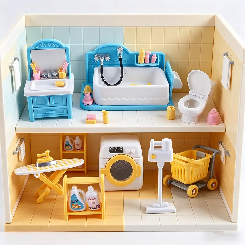 Dollhouse Bathroom & Laundry Room Furniture Toys - Includes Bathtub, Washbasin, Toilet, Washing Machine - Children's Birthday & Christmas Gift