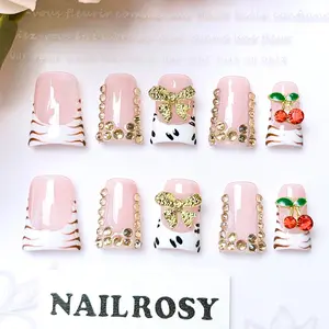 10Pcs Handmade Press-On Nails Kit, Short Pink Flare Duck Nails with Cherry French Design, Glitter Rhinestones, Glossy Shimmering Finish, Gift Box Included for Birthday Gifting, Flared Handmade Nails, Nail Art Diy