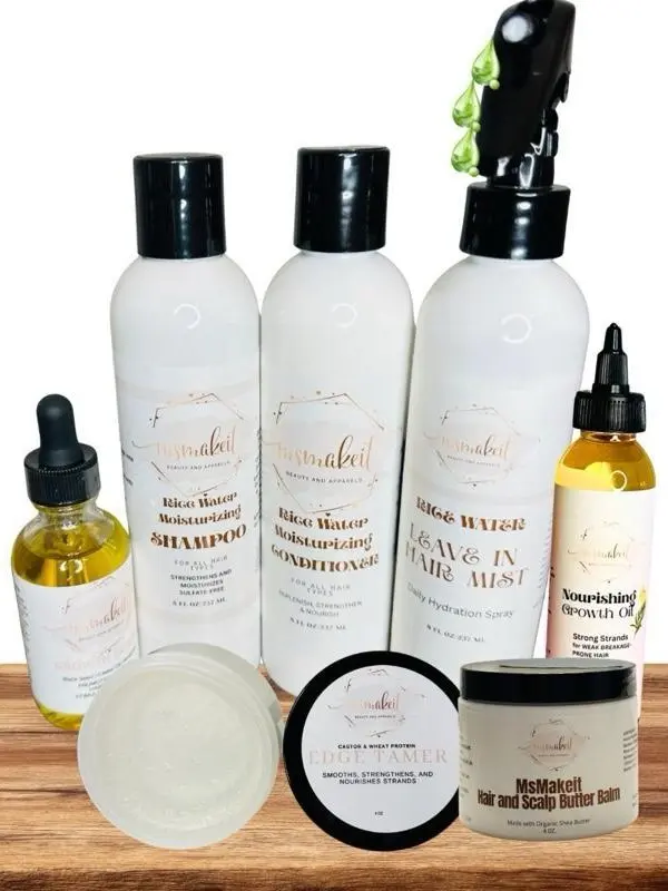 MsMakeit Supreme Bundle for Hair Growth, Shine, Nourishment, and Stimulation - Rice & Protein Shampoo, Flaxseed Oil Conditioner, Hydration Spray, Scalp Stimulating Drops, Hair Butter Balm, Edge Tamer