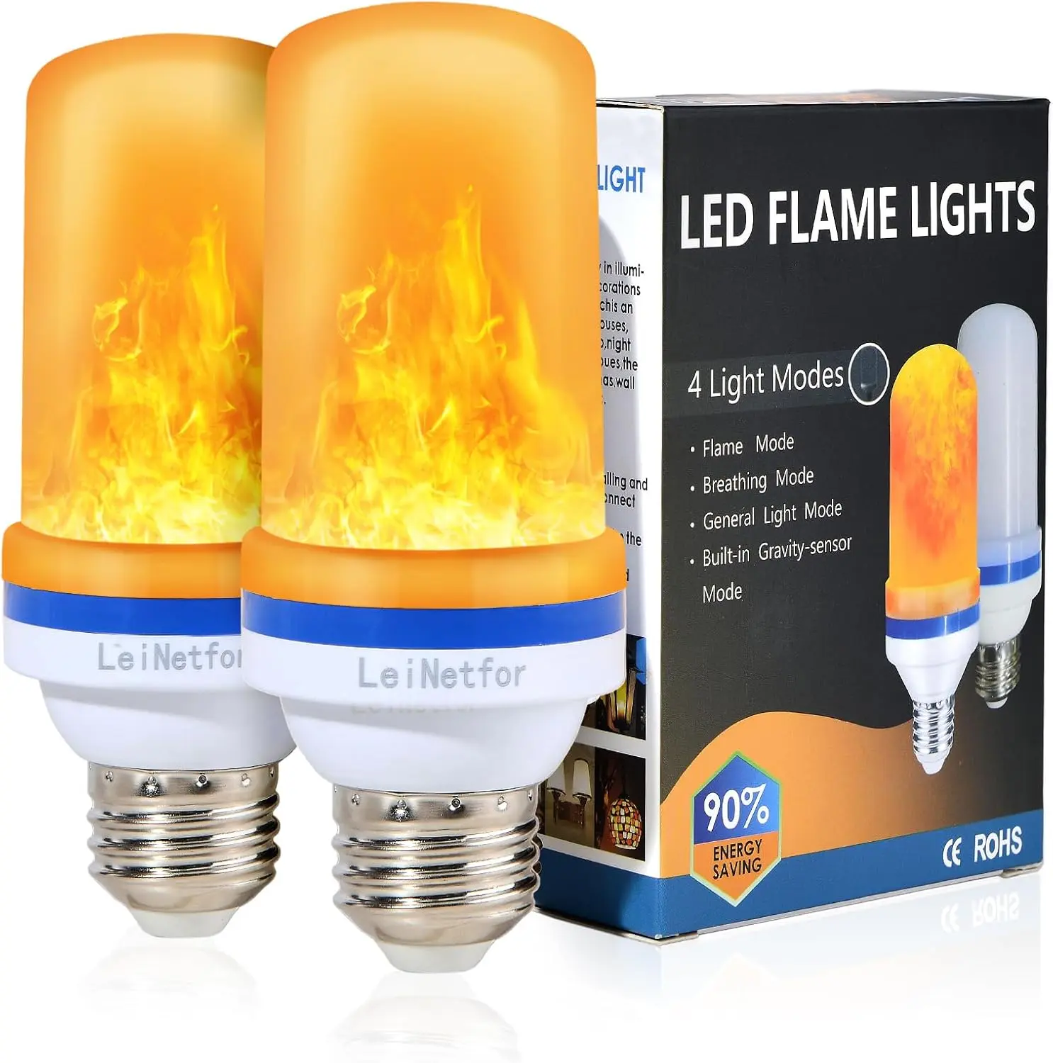 2-Pack Yellow E26 Base Smaller LED Flame Light Bulbs - 4 Modes Flickering, Gravity Sensor, Outdoor Home Improvement Halloween Decoration Bulbs