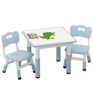 GARVEE Height Adjustable Toddler Table with Graffiti Desktop, Includes 2 Chairs and 12 Watercolor Pens, Ideal for Home Nursery Activities like Reading, Drawing, Playing, and Eating.