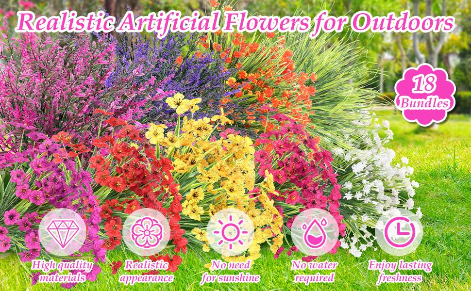 18 Bundles Artificial Flowers for Outdoors, UV Resistant Realistic Fake Summer Flowers with Faux Lavender Plants for Outside Porch Window Box Planters Home