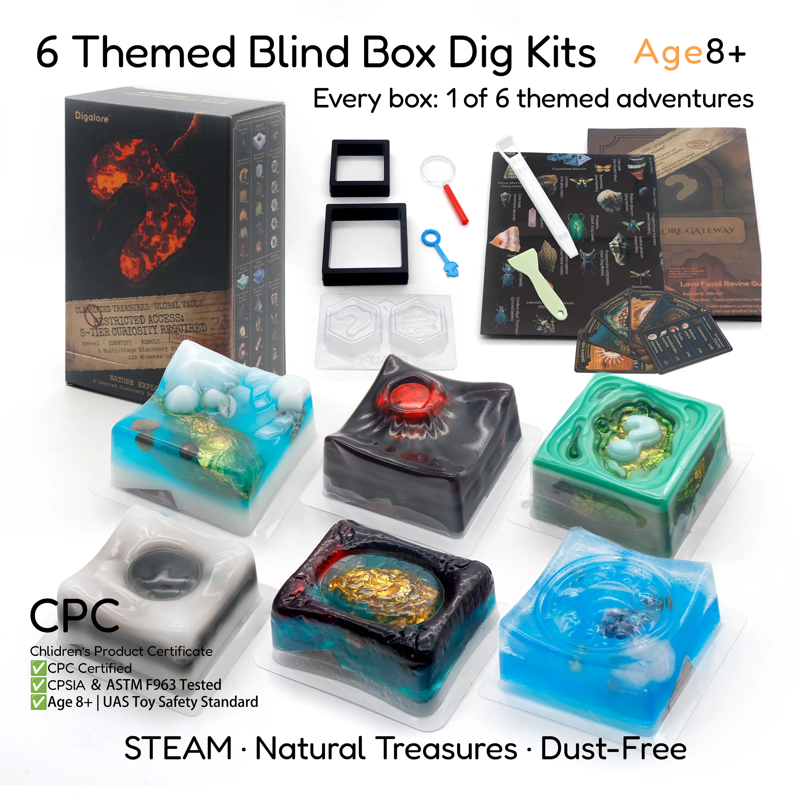 Digalore NaturoQuest Dig Slow-Box Blind Box - Unisex 1 of 6 Themes Dust-Free STEM Excavation Kit, Reusable Natural Soaps DIY Toy with Star, Glow-in-the-Dark Butterfly Decoration, Magnifier for Finds, Indoor Fun Kids' Birthday Gift Pack Set, Melt Scraps To