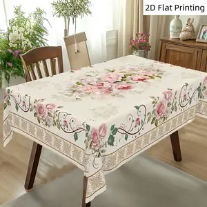 Romantic Vintage Pink Rose Rectangular Tablecloth – Elegant French Floral Print, Perfect for Indoor and Outdoor Table Decor, Perfect for Valentine's Day, Thanksgiving, Weddings, and Anniversaries