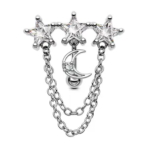 Oufer 14G Star & Moon CZ Reverse Dangle Belly Ring with Chain Detailing for Stylish Piercing Jewelry