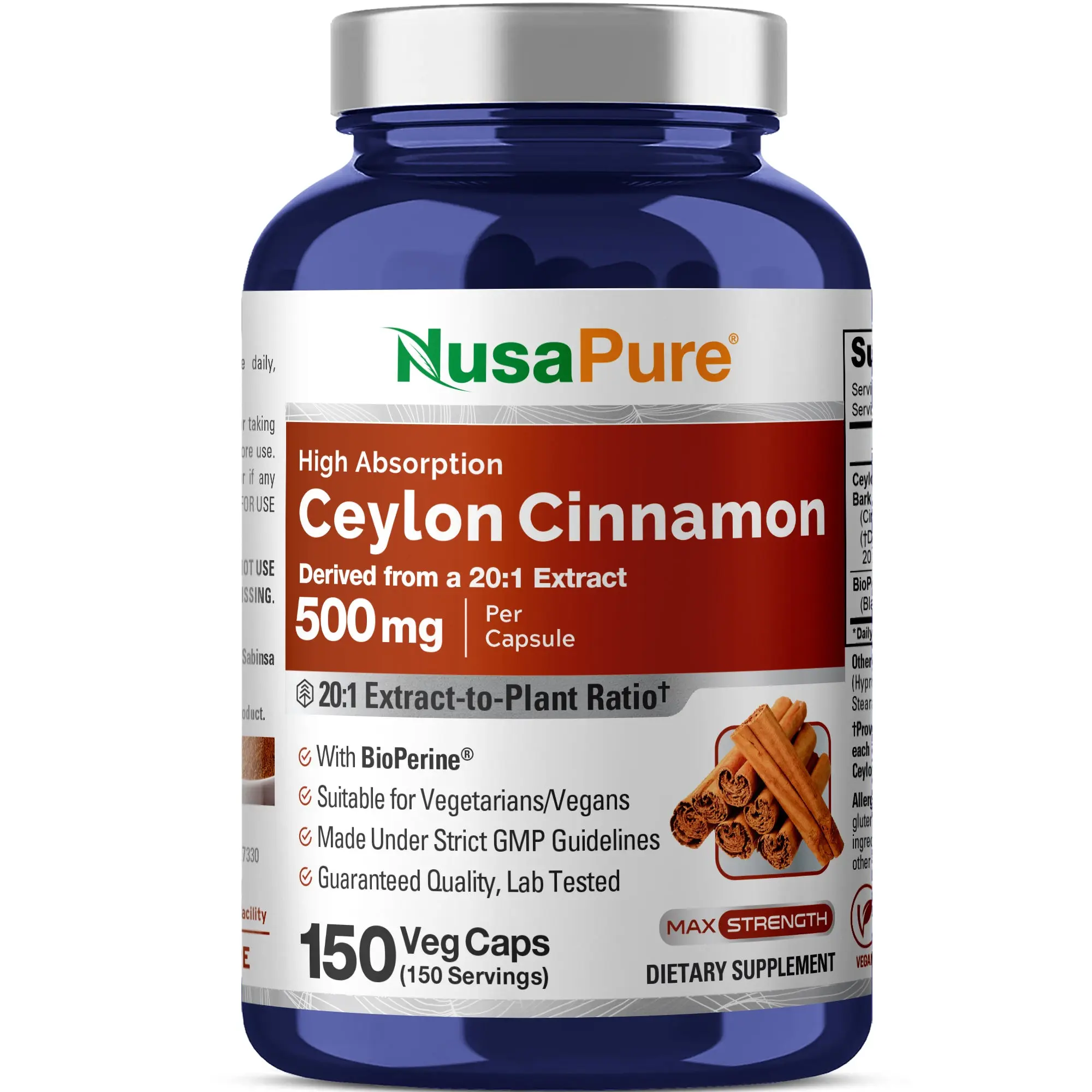 NusaPure Edible Ceylon Cinnamon 20:1 Extract Dietary Supplement, 500mg Veggie Capsules (150 Count, Pack of 1), Non-GMO, Vegan, with Bioperine, Supports Blood Sugar & Anti-Oxidant Wellness