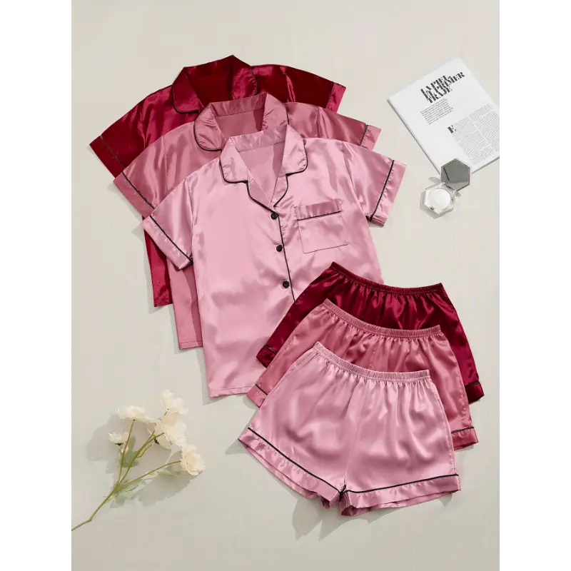 3 sets 3-Piece Satin Pajama Set for Women: Short Sleeve Lapel Top & Elastic Waistband Shorts Loungewear Nightwear Casual Fabric