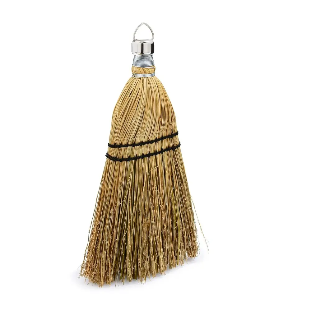 12.25-Inch Durable Yellow Metal Corn Whisk Broom - Flagged Corn Fiber Bristles, Space-Saving Multi-Surface Sweeping Tool for Indoors, Porches - Easy Dirt & Debris Remover