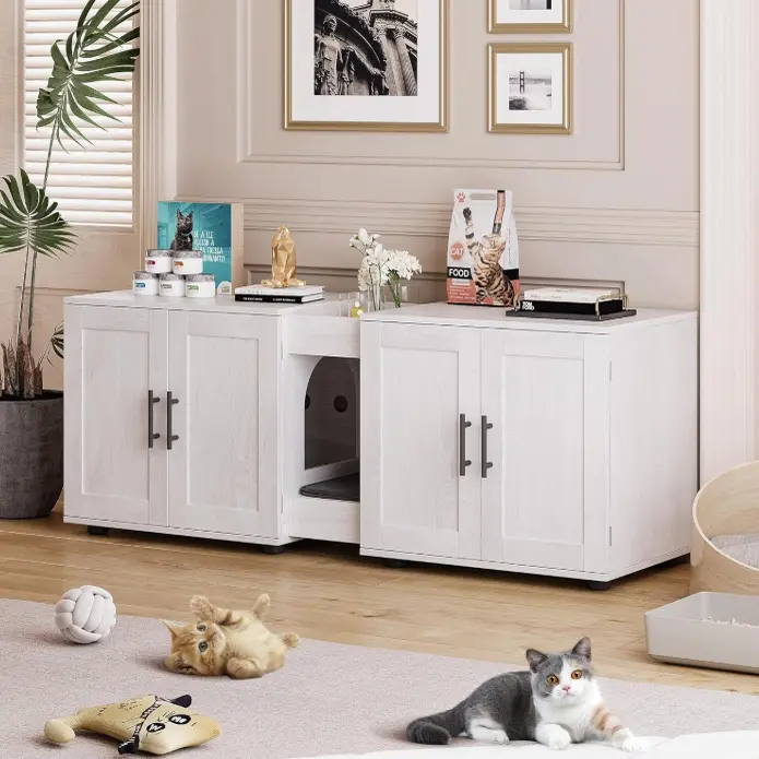 Garvee Wooden Hidden Cat Litter Box Cabinet – Enclosed Cat House with Double Doors, Ventilation Holes & Scratch Pad, Litter Box Cover for Multiple Cats, Modern Pet Furniture