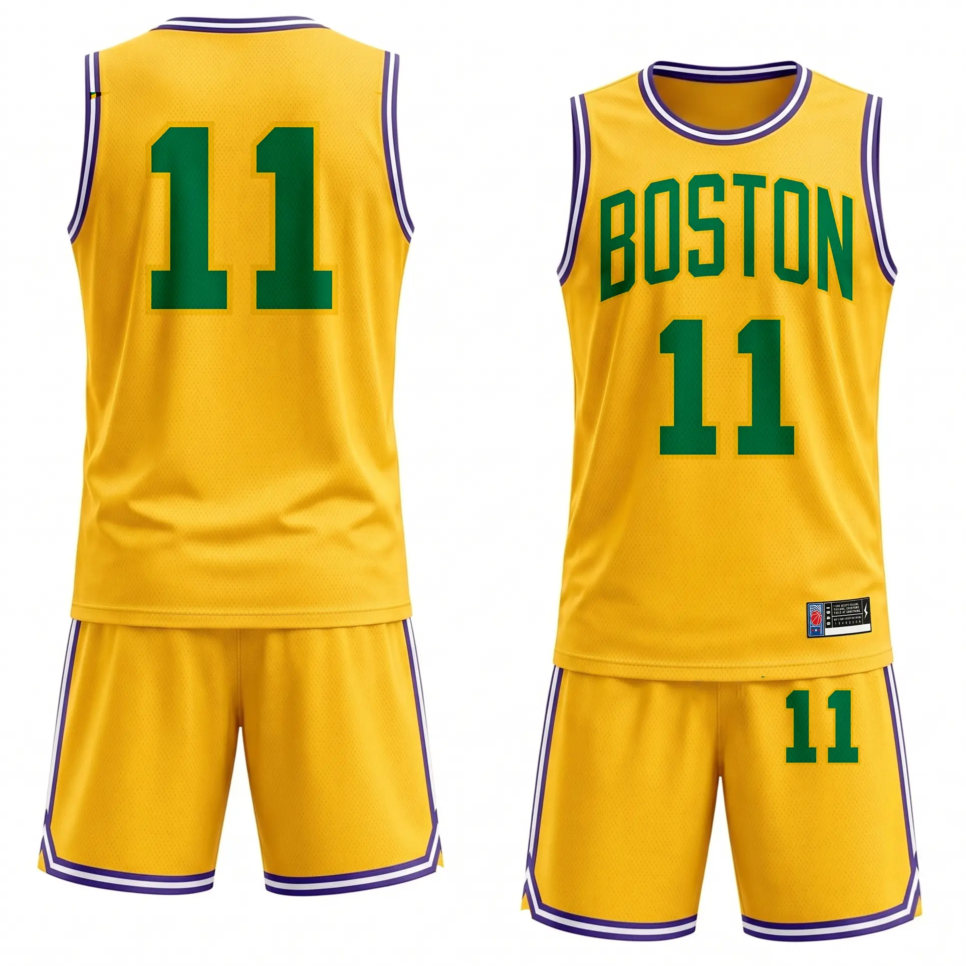 Men’s 2-Piece Basketball Jersey & Shorts Set, Boston 11 Number, Lightweight Breathable Fabric, Green & Yellow Print, Comfortable Gym & Court Fit, Trendy Summer Activewear, Stylish Men’s Basketball Outfit