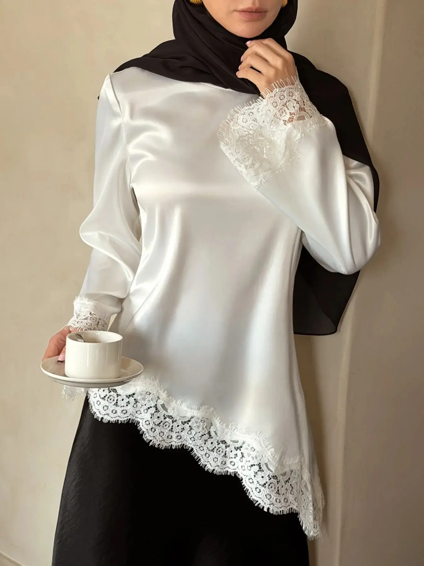 White Satin Lace Trim Long Sleeve All Seasons Blouse Elegant Fashion Top Modest Muslim Top Asymmetric Hem Loose Tunic Tops Fit Hijab Friendly Shirt Ramadan Eid Dubai Style Party Evening Wedding Guest Vacation Chic