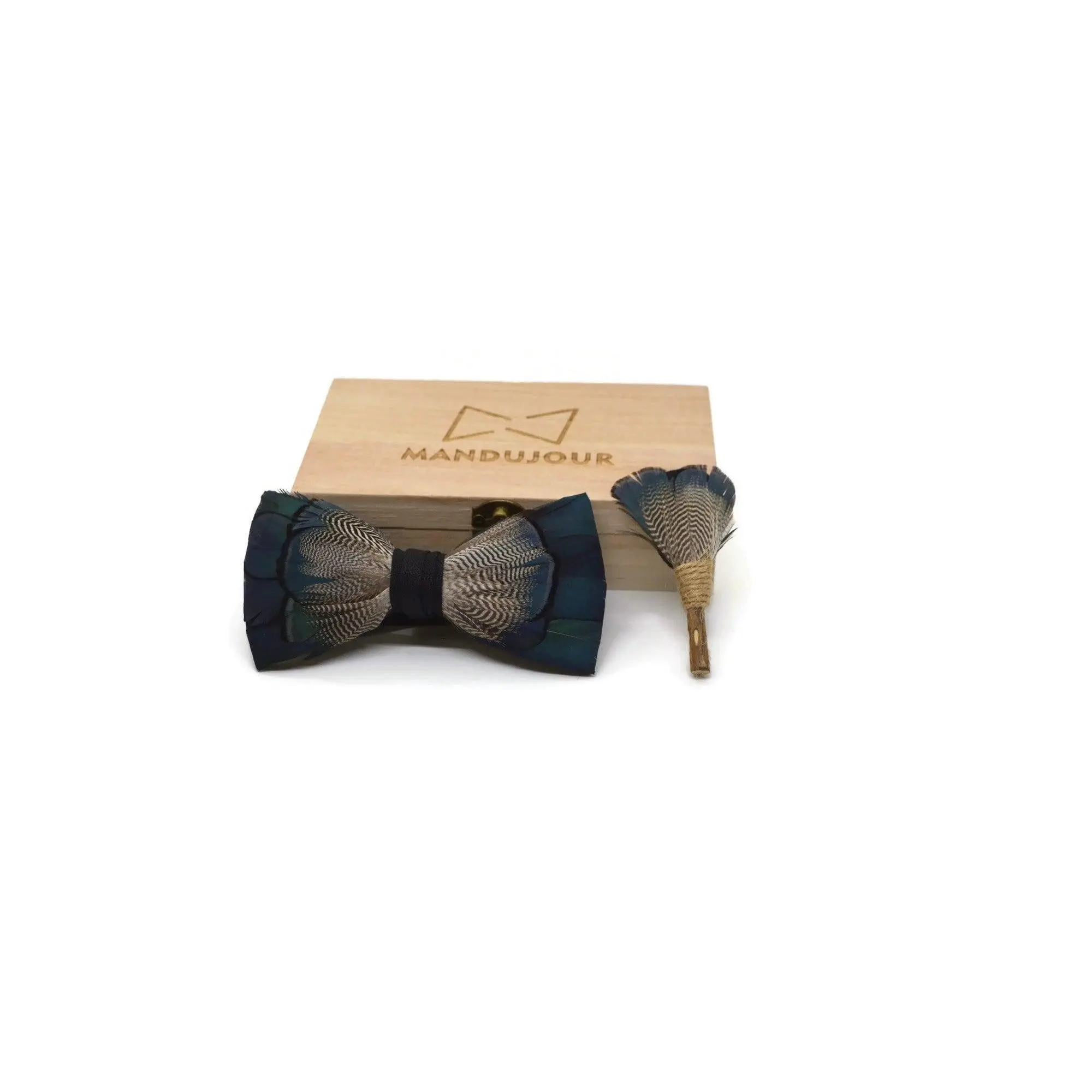 Denver Blues Feather Bow Tie & Lapel pin set - Mandujour Handmade gift for men