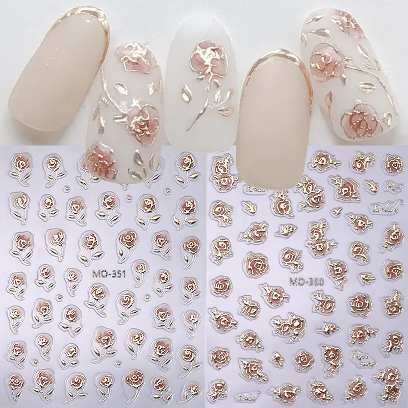 2 Sheets Japanese Style Manicure Rose Nail Art Stickers, Flower Nails, Gilded Edges Rose Elegant Design, DIY Self-Adhesive Nail Decals, Perfect for Women and Girls, Nail Art Products