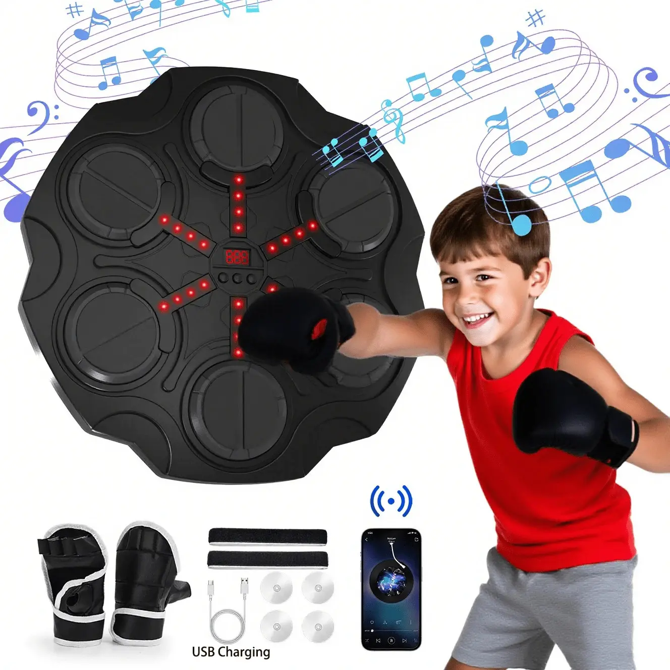 Kids Boxing Interactive Target Puncher - Smart Bluetooth Music Boxing Machine with Rhythm, Child-Sized Abs Plastic Pads, Gloves, Workout Training Equipment, Gift for 3-12+ Year-Old Boys & Girls