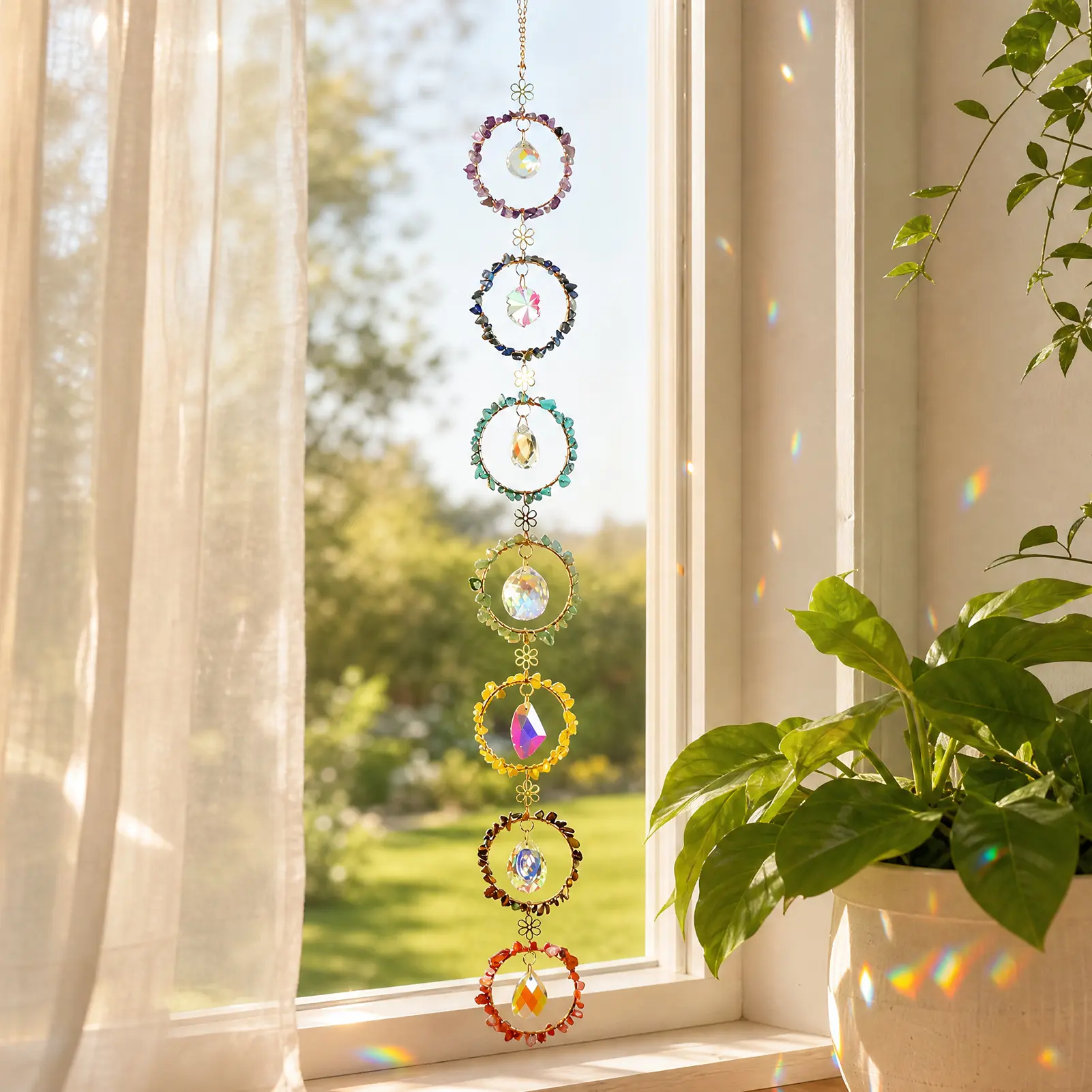 Crystal Sun Catcher, 7 Chakra Suncatchers with Colorful Stone, Handmade Rainbow Maker   Whimsical Home Decor  for Window Bedroom Courtyard Garden whimsical home decor