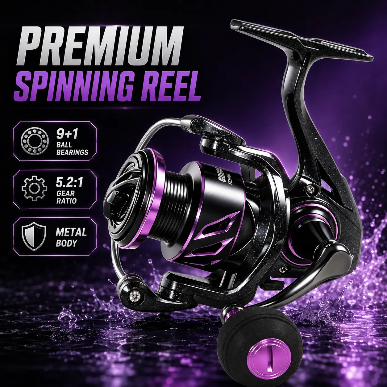 Premium Metal Body Spinning Fishing Reel - 9+1 Ball Bearings, 5.2:1 Gear Ratio, CNC Alum. Spool, Left/Right Interchangeable Handle, Smooth Freshwater & Light Saltwater Reel, Sizes 1000-3000