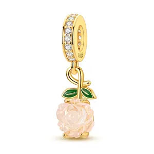 MULA 925 Sterling Silver Luminous Rose Pendant, 18K Gold Plated, Luminous Resin and CZ, Romantic Floral Pendant Beads, Compatible with Pandora Bracelet, Best Gift for Girls and Women
