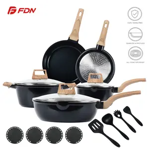 FDN 16pc Nonstick Ceramic Cookware Set, Induction Compatible Pots and Pans Set with Lids, PFAS-Free Healthy Kitchen Essentials for New Home, Includes Pasta Server & Silicone Tools, Easy Clean Aluminium Fry