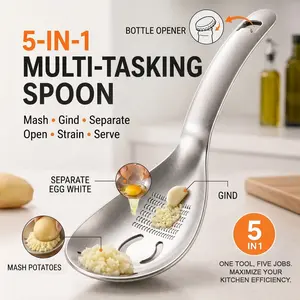 5-in-1 Stainless Steel Kitchen Tool – Strainer Spoon, Grater, Egg Separator, Bottle Opener & Masher, Baby Food Safe, Multi-Function Cooking Gadget for Home Kitchen