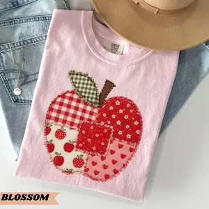 Women's TShirt Patchwork T-Shirt - Teacher Appreciation Gift for New Teachers, Spring Team Wear, Back to School Apple Design Top