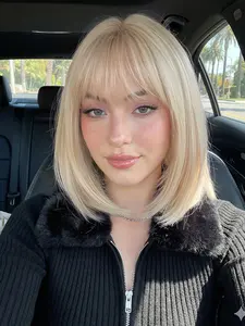 12-Inch Women's Bobo Head Synthetic Fiber Wig, Natural Hairline Wigs, Natural, Natural Scalp Effect, Fashionable Bangs, Medium Length, All Seasons