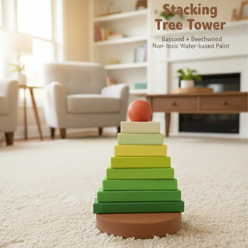 9-Piece Beechwood Stacking Tree Tower, Eco-Friendly Montessori Developmental Toy for Toddlers Ages 1-6, Screen Time Alternative Dominoes Building Blocks That Enhances Fine Motor Skills, Hand-Eye Coordination, Open-Ended Play & Size Differentiation
