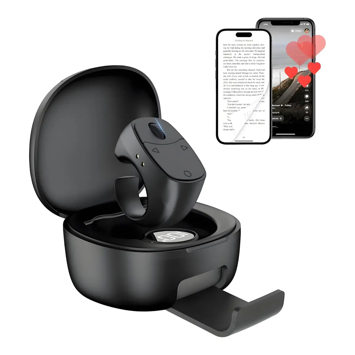 Bluetooth Scrolling Ring Remote Control Device - Plastic Mobile Phone Accessory with Stand Charging Case, Kindle Page Turner, Music/Calls Controller, Camera Shutter for iOS & Android Selfies, Multi-OS Compatibility Selfie Accessory
