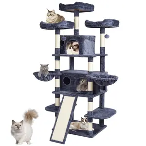 【fathersdaygift】VEVOR Cat Tree for Indoor Cats, 68.5" Cat Tower with 2 Cat Condos, Sisal Scratching Post, Hammocks, Top Perches, Jumping Platforms and Ramp, Cat Furniture Activity Center with Hang Balls, Dark Grey