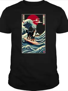Bernese Mountain Dog Surfing Kanagawa Wave Japanese Art Pattern T-Shirt, Unisex Casual Short-Sleeve Round Neck for Dog Lovers, Featuring Vibrant Digital Printing