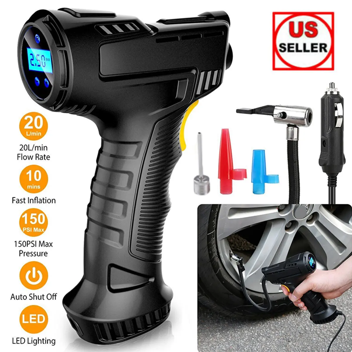 Wireless Tire Inflation Tool - 150PSI Cordless Car Tire Pump, 12V DC Portable Automotive Tool, Digital Gauge, LED Light for Car Repair Needs, Car Tire Pumps