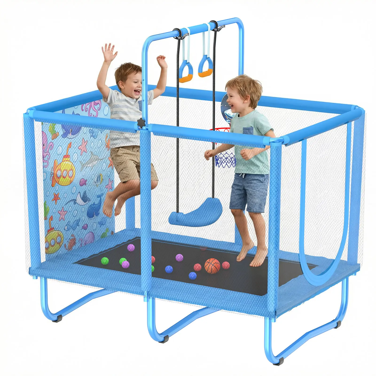 3-in-1 Rectangle Kids Trampoline  Basketball Hoop, Swing & Gymnastic Rings – 36” x 55” Indoor/Outdoor Toddler Play Center  Full Enclosure Net,  Padded Poles – Perfect Active Gift for Boys & Girls with