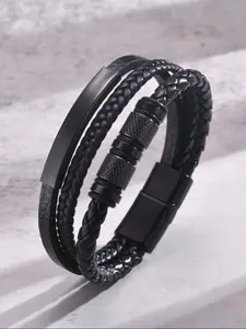 Men's PU Leather Multi-Layer Adjustable Stackable Bracelet, Woven Hand Ring, Ideal for Daily & Special Occasions, Geometric Pattern, All Seasons, Durable Bracelet, Black Bracelet