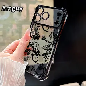 Elegant Floral Vines Pattern Four Corner Anti-Fall Phone Case Transparent Electroplated Protective Cover for iPhone 17 Pro Max Air 16 15 Plus 14 13 12 11 E