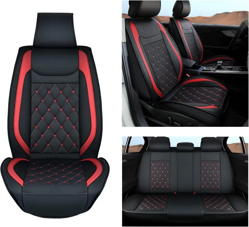 Nilight 5 Car Seat Covers Waterproof Faux Leather Cushions Anti-Slip Universal Fit for 5 Passenger Cars Hyundai Kia Civic Corolla Honda Accord Camry CR-V Fusion SUV Truck, Black+Red Interior Design Automotive  dealsforyoudays