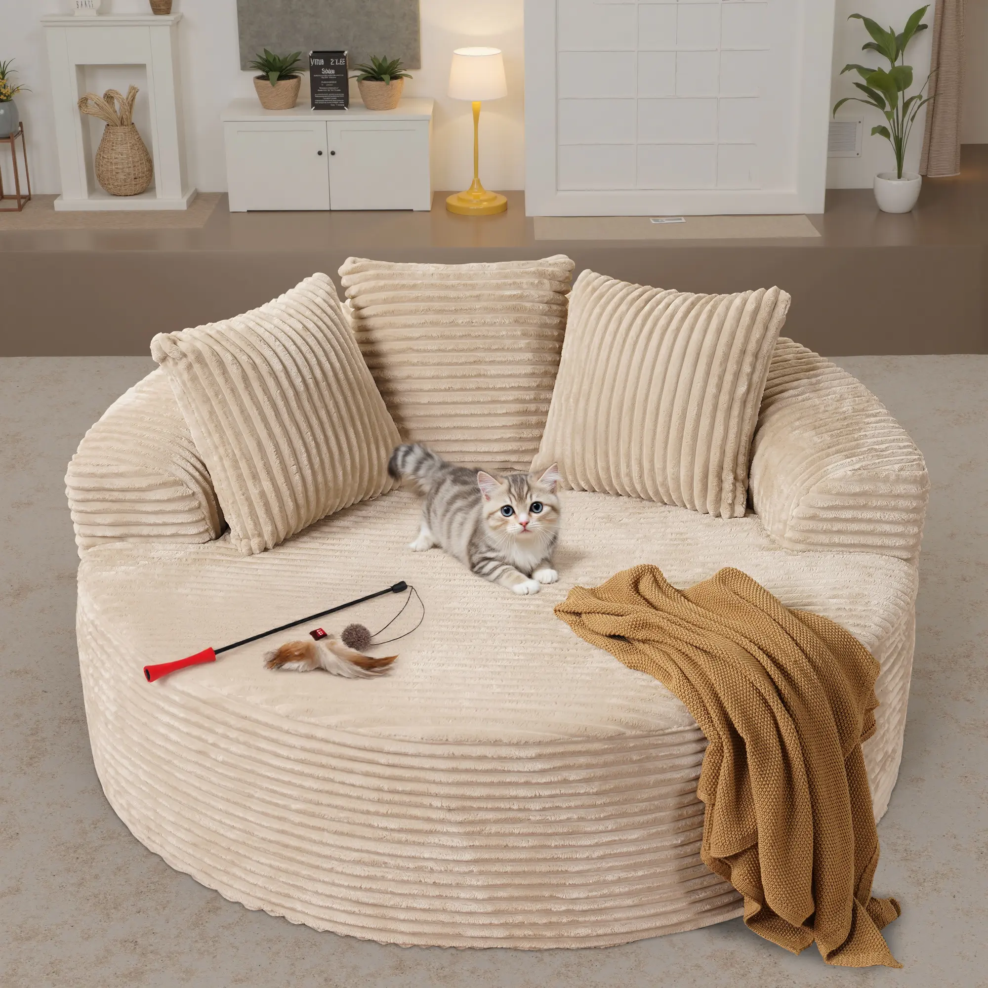 HOOOWOOO 59"W Oversized Upholstered Sofa Bed, Round Chaise Lounge Fluffy Plush Chair Indoor, Modern Chenille Cloud Couch with Deep Seat, Comfy Bean Bag for Living Room Apartment