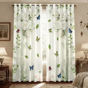 2-piece pack of fresh white rose butterfly curtains, watercolor flower print, perforated light-blocking curtains, suitable for living room, bedroom, kitchen outdoor, etc.