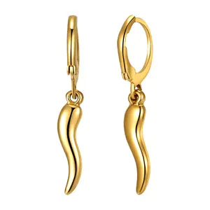 OIDEA Women's Gold Stainless Steel Faux Horn Italian Cornicello Drop Earrings - Latin-Inspired Lucky Amulet Hoop Dangles, Sicilian Charm Birthday Gift, 0.14in Width, 0.37in Hoop Diameter, 0.73in Drop Earring Stack