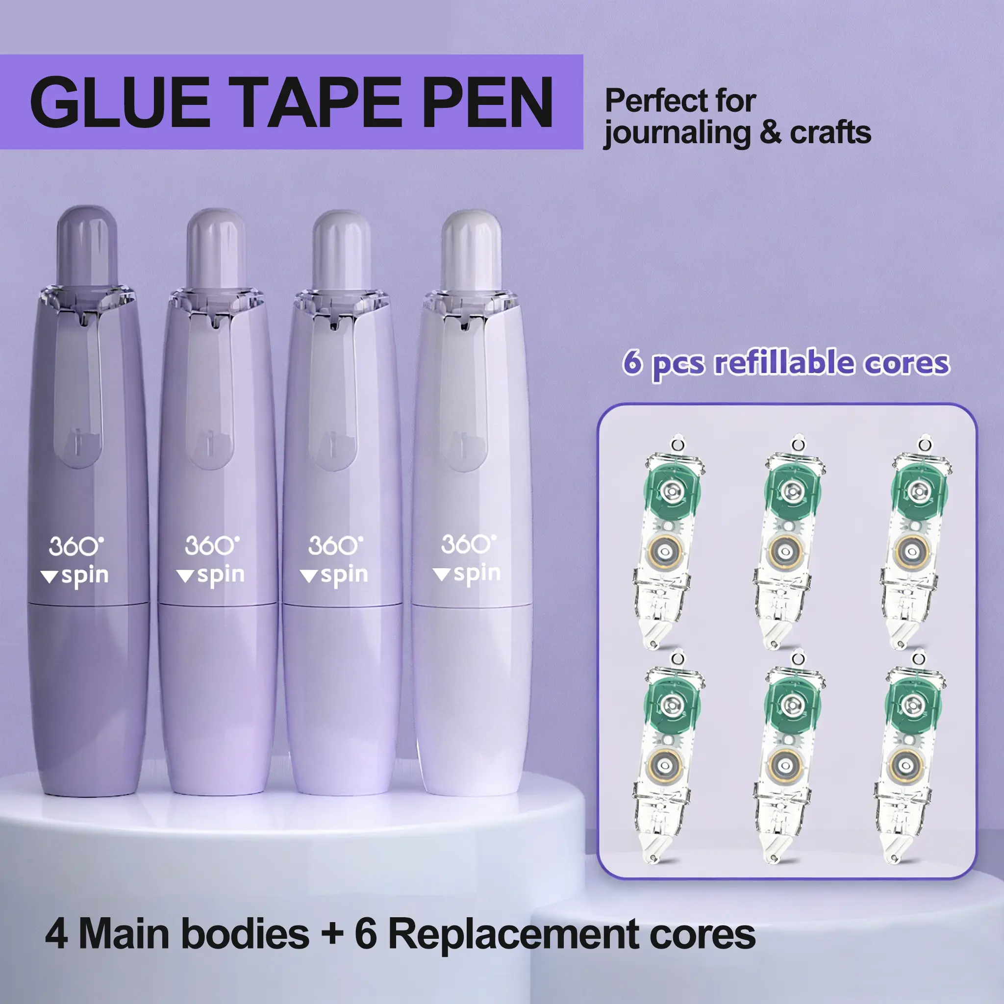 Glue tape pens with 4 bodies and 6 refillable refills, double sided tape for journaling, crafts, school projects. Replaceable core design.