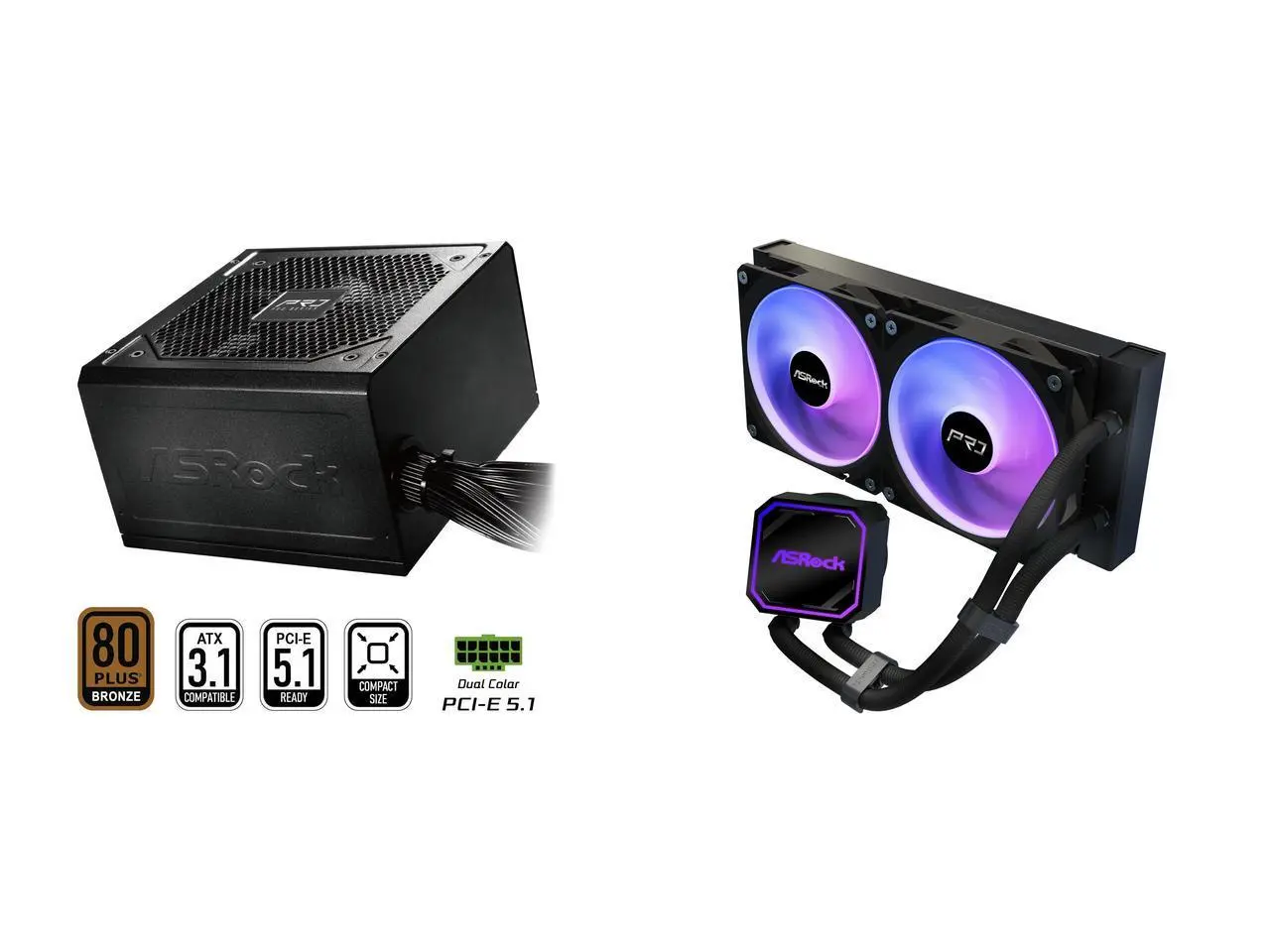 ASRock PRO Series PRO-750B 750 W Power Supply ASRock AIO Pro 240 ARGB 27mm radiator, ARGB waterblock, ARGB Hub-lighting fan, black version