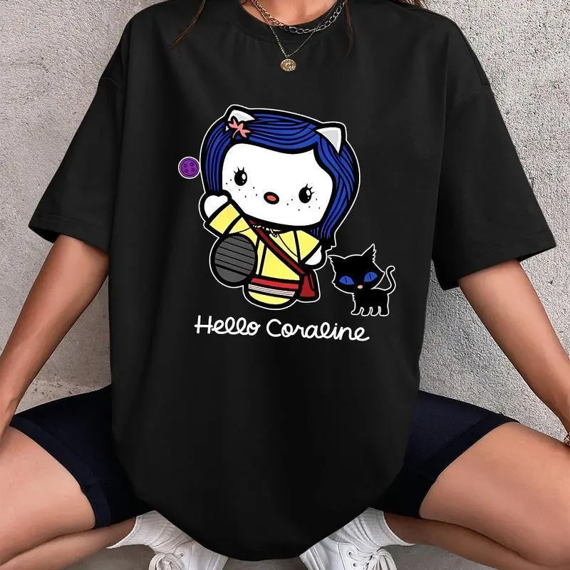 Men & Women 100% Cotton Hello Coraline Cartoon Graphic Tee, Cute Casual Daily Short‑Sleeve T‑shirt