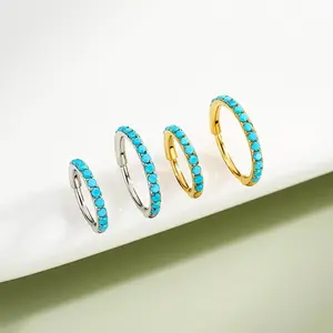 OUFER BODY JEWELRY 20G 316L Corrosion-Free Stainless Steel Turquoise Bead Hinged Segment Nose Piercing Ring, 6mm-7mm-8mm Inner Diameter, Unisex Fashion Body Jewelry, Turquoise Jewelry