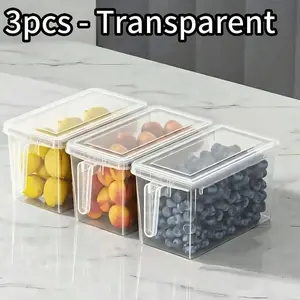 3-Pack Durable Clear plastic food storage bins and Containers with handles—suitable for fruits, vegetables, grains, meats, and beverages—featuring a portable design that facilitates efficient organization in the kitchen and refrigerator