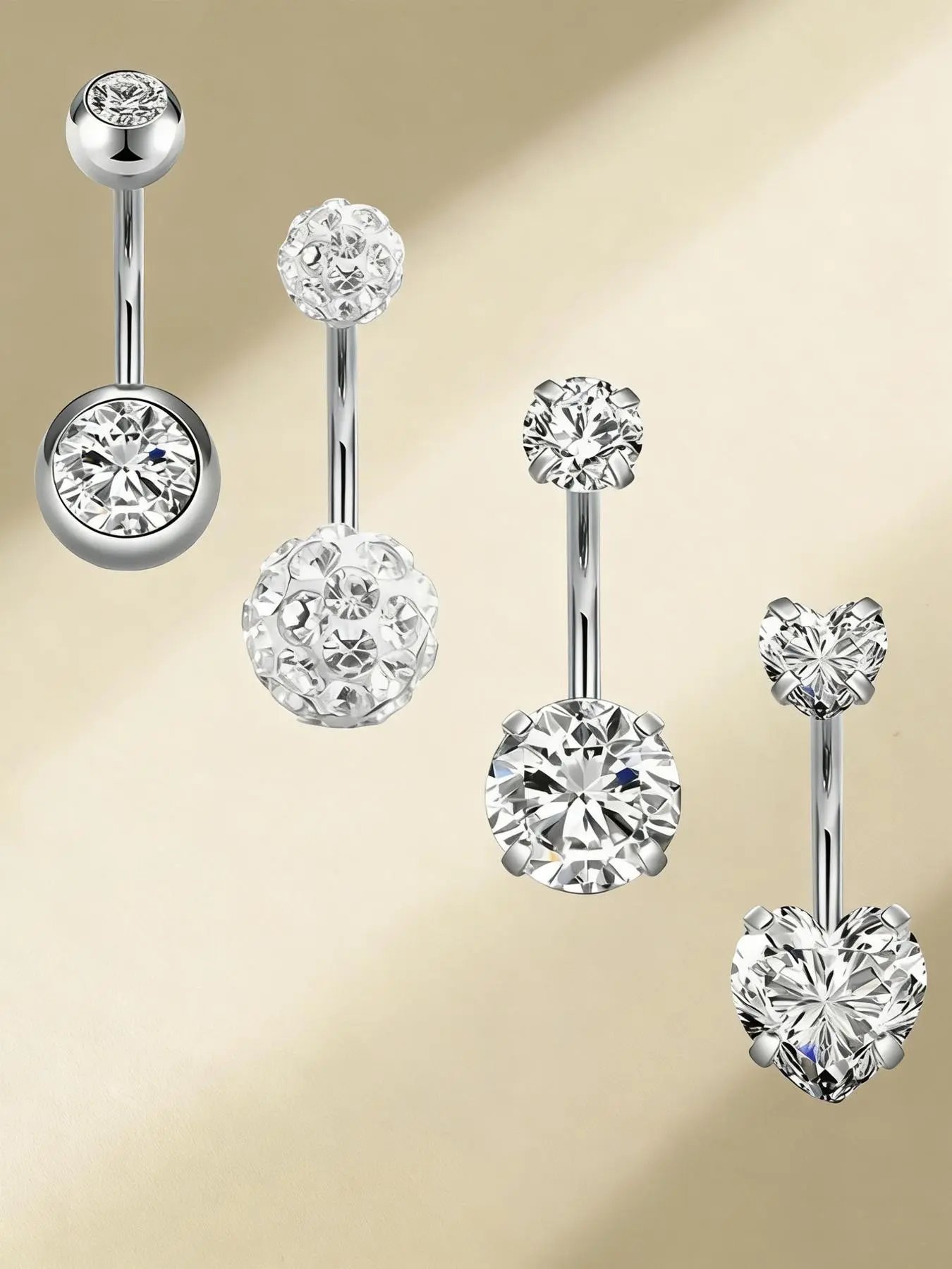 Cubic Zirconia Belly Button Ring Set, Stainless Steel 14g Heart Design Belly Piercing Jewelry, Rhinestone Belly Ring, Perfect for Women Party Wear, Holiday Gift, Body Piercing Jewelry, Body Jewellery
