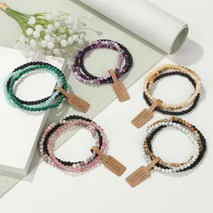 Set of 3pcs Bracelets 4mm Crystal Gemstone Bracelets 7.5 Inches Natural Stone Beads for Men Women Power Mini Healing Energy Bracelet Stretchy Elastic String Stackable Protection Stress Handmade Jewelry Gift