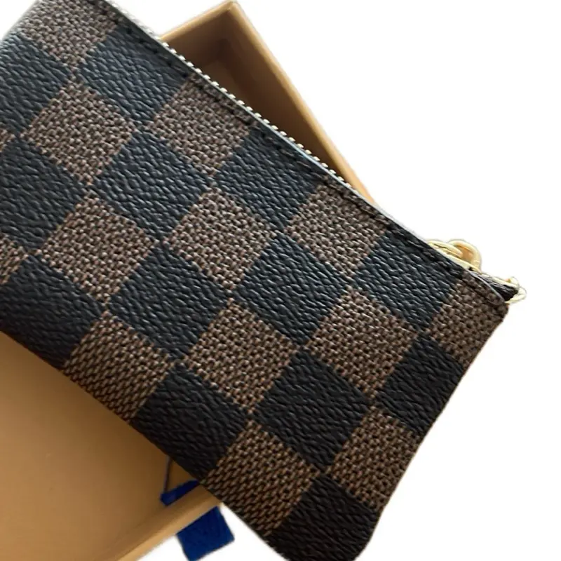 Brown Key Chain Wallet with Checkerboard Pattern and Gold Zipper Closure Fashion Accessory