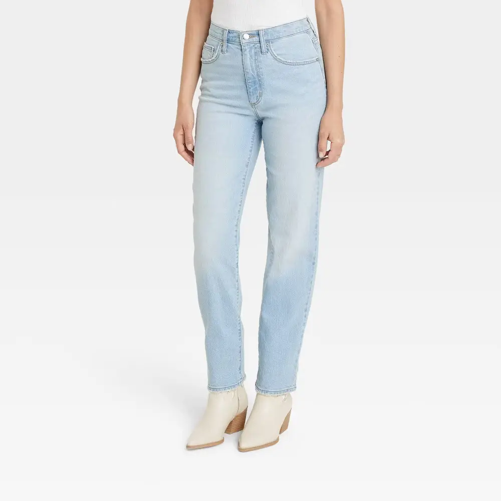 Universal Thread Lady's High-Waisted Straight Cargo Jeans - 90's Vintage Light Wash, Belt, Zipper, Button, Spandex Garment, Everyday, Stretchy, Pocket, Denim, Women's Bottoms, High Rise, Tops, Fabric