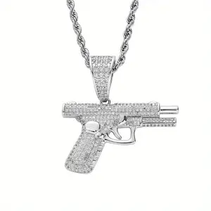 2-Tone Cable Knit Handgun Necklace - Full Diamond Pendant, Safety Pin, Anchor Cuban Link, Ankh, Daily Wear Long-Lasting Fashion Costume Jewelry Accessory Chain name plate cruel intentions stainless steel