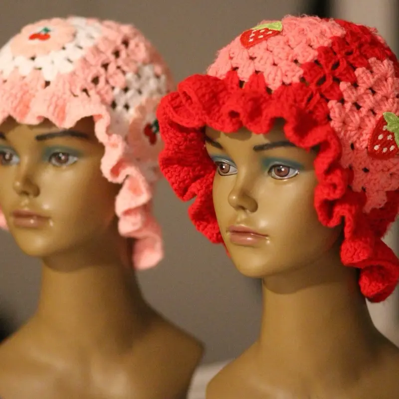 Darling Crochet Ruffle Bucket Hat - Pink & Red, Pink & White -Versatile Design, Comfortable Fit, Made from Soft Fabric